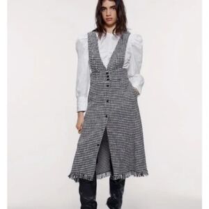 Zara Size S Black White Checkered Midi Pinafore Dress